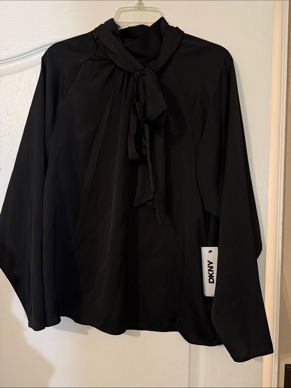 DKNY Black Tie-Neck Long Sleeve Blouse